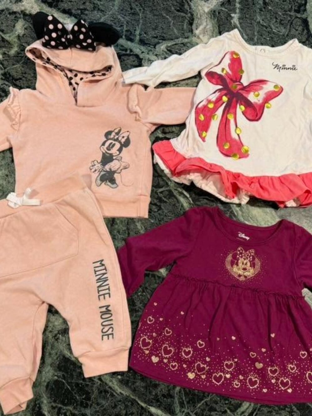 Disney Minnie Mouse 12M Outfit Bundle Hoodie Dress Pants Baby Girl Clothes EUC